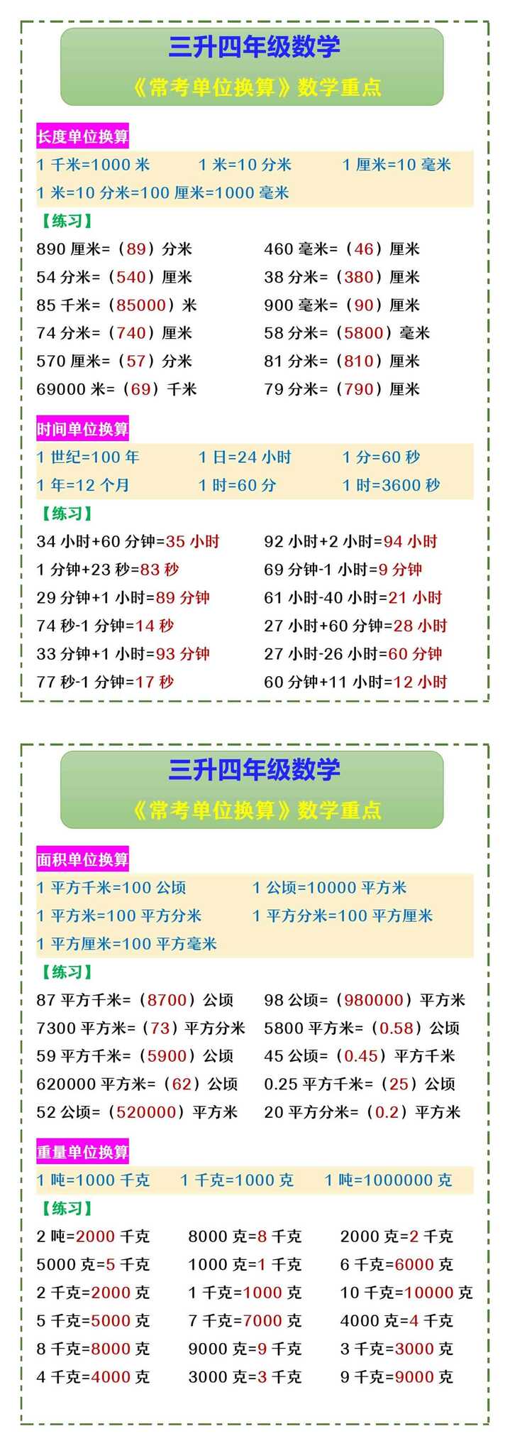 三升四年级数学 《常考单位换算》数学重点
