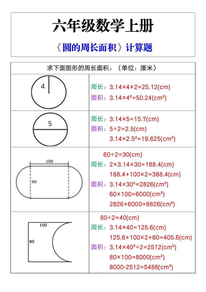 六年级数学上册《圆的周长面积》计算题