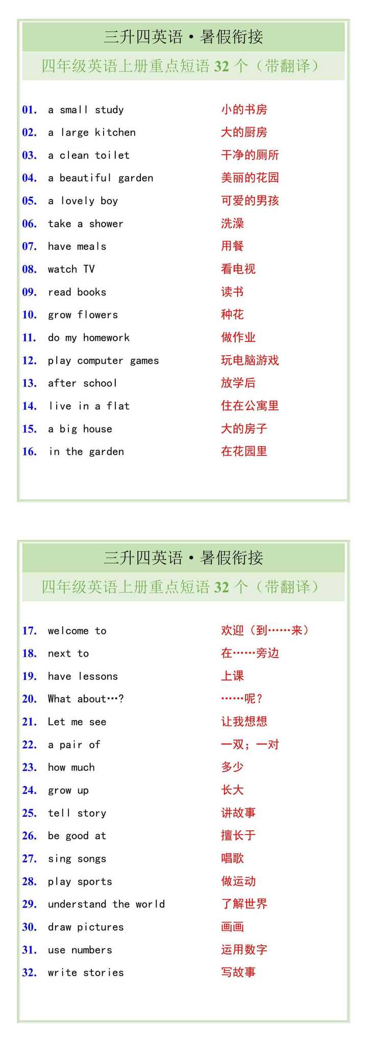 四年级英语上册重点短语32个（带翻译）