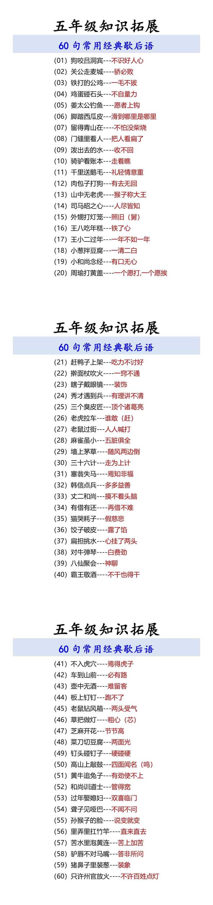 五年级知识拓展 60句常用经典歇后语