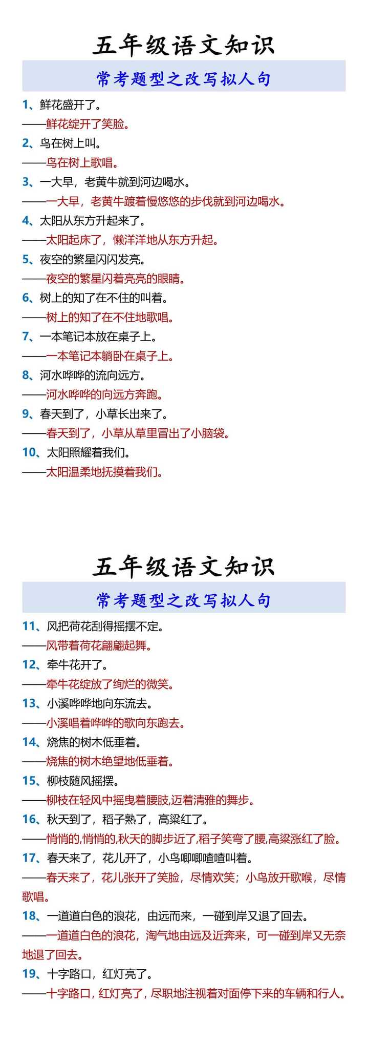 五年级语文知识 常考题型之改写拟人句