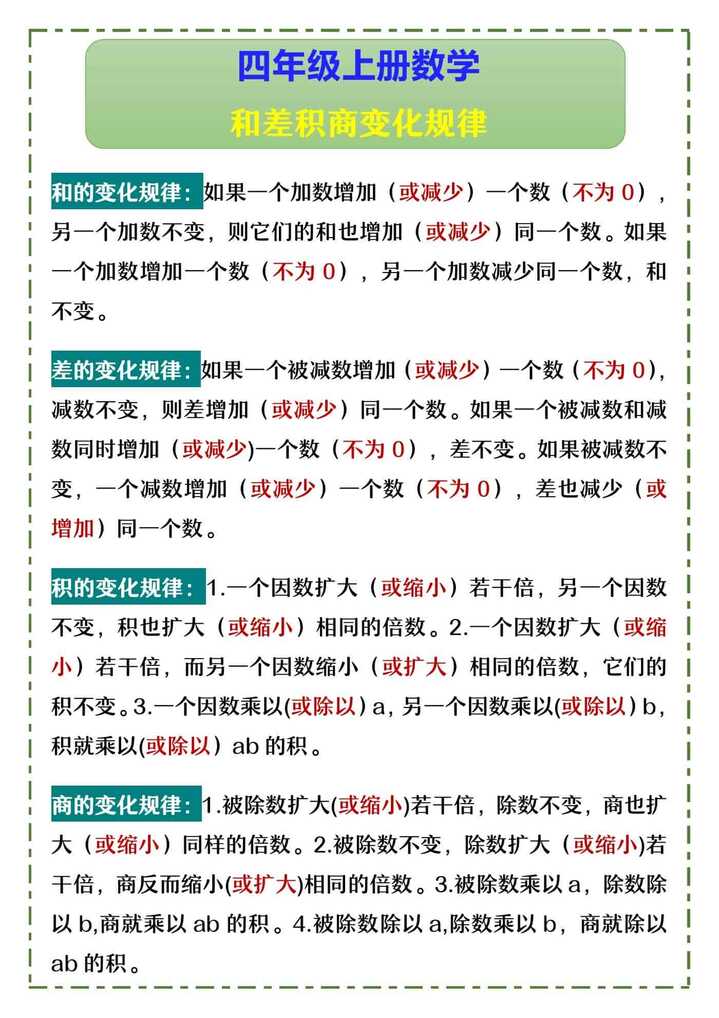 四年级上册数学 和差积商变化规律