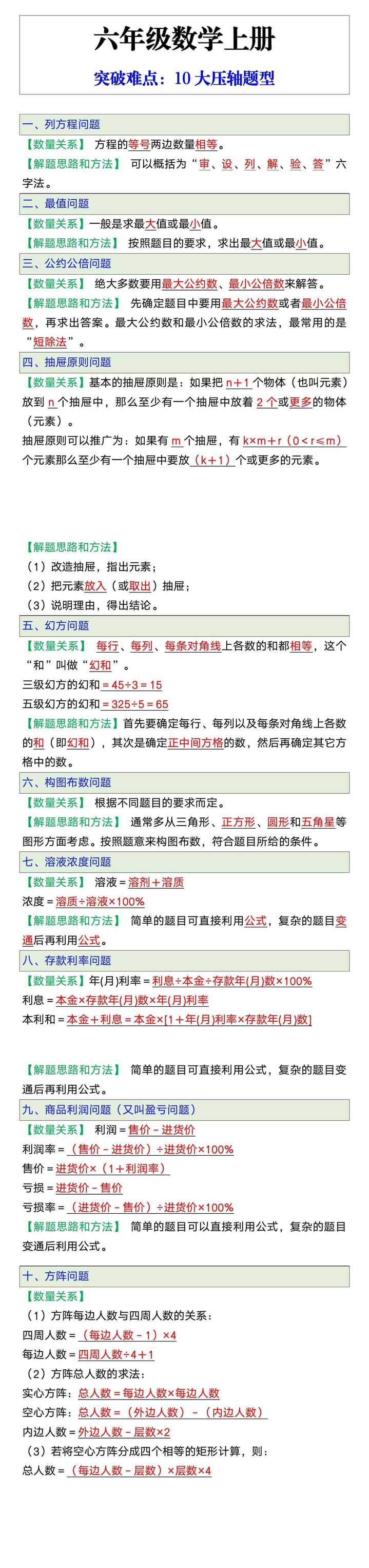 六年级数学上册突破难点10大压轴题型