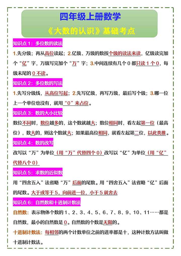 四年级上册数学 《大数的认识》基础考点