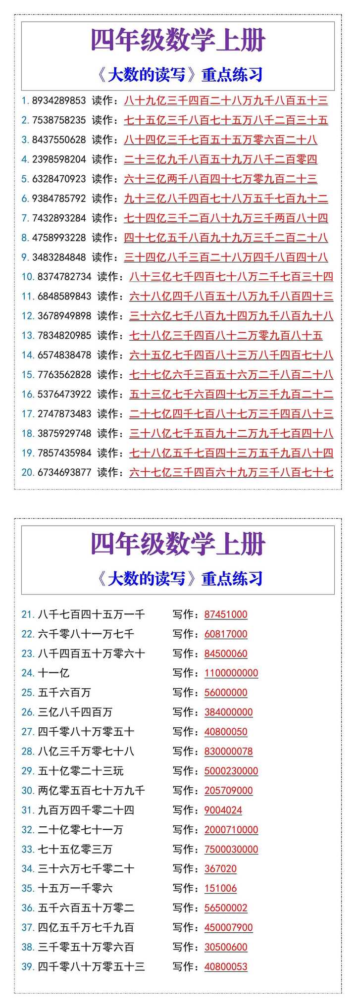 四年级数学上册重点《大数的读与写》练习
