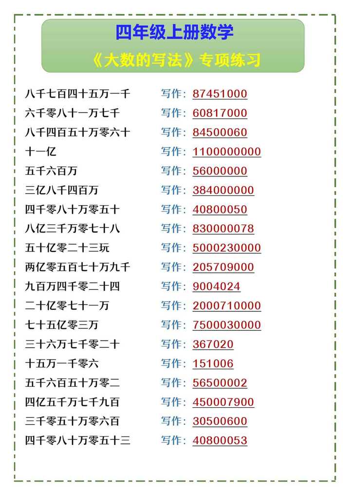 四年级上册数学 《大数的写法》专项练习