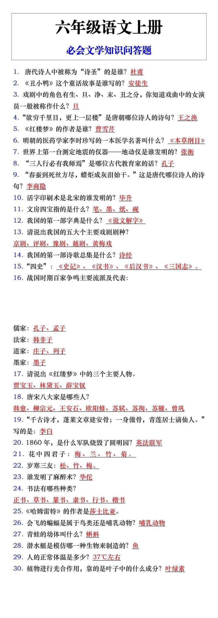 六年级语文上册必会文学知识问答题
