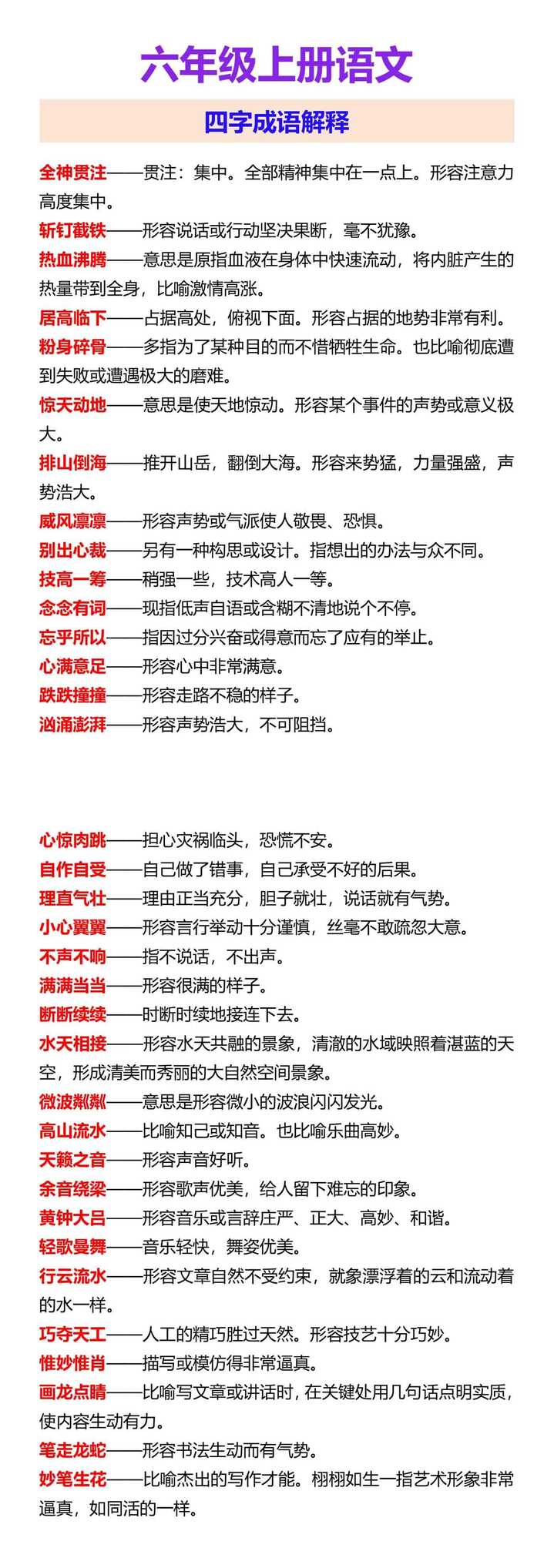 六年级上册语文 四字成语解释