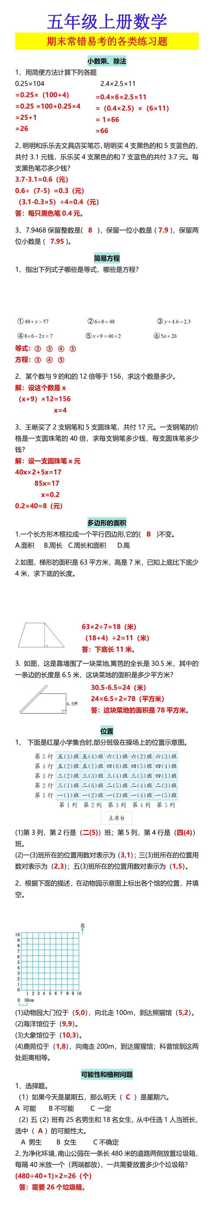五年级上册数学 期末常错易考的各类练习题