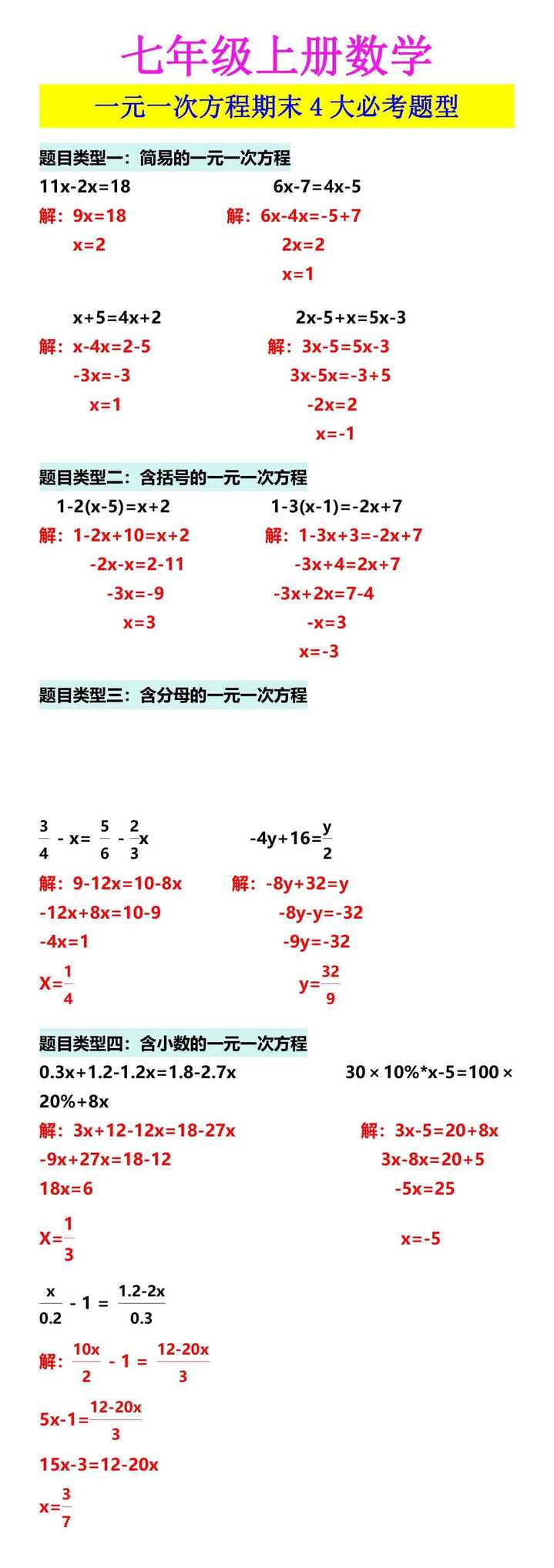 七年级上册数学 一元一次方程期末4大必考题型