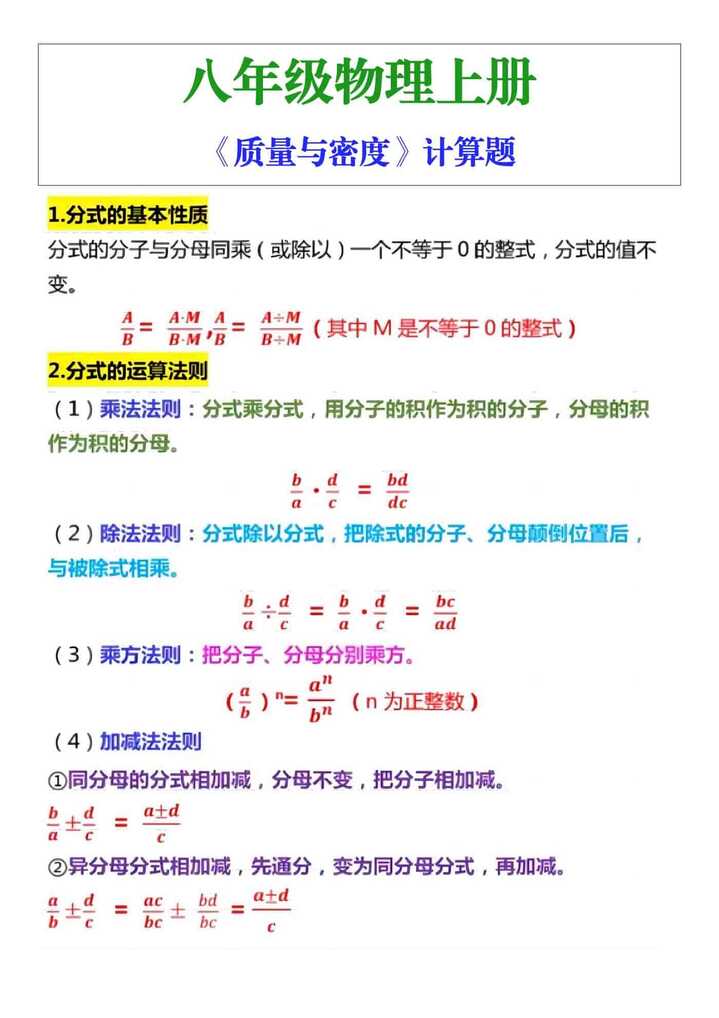 八年级上册数学第15章【分式】必背公式定理