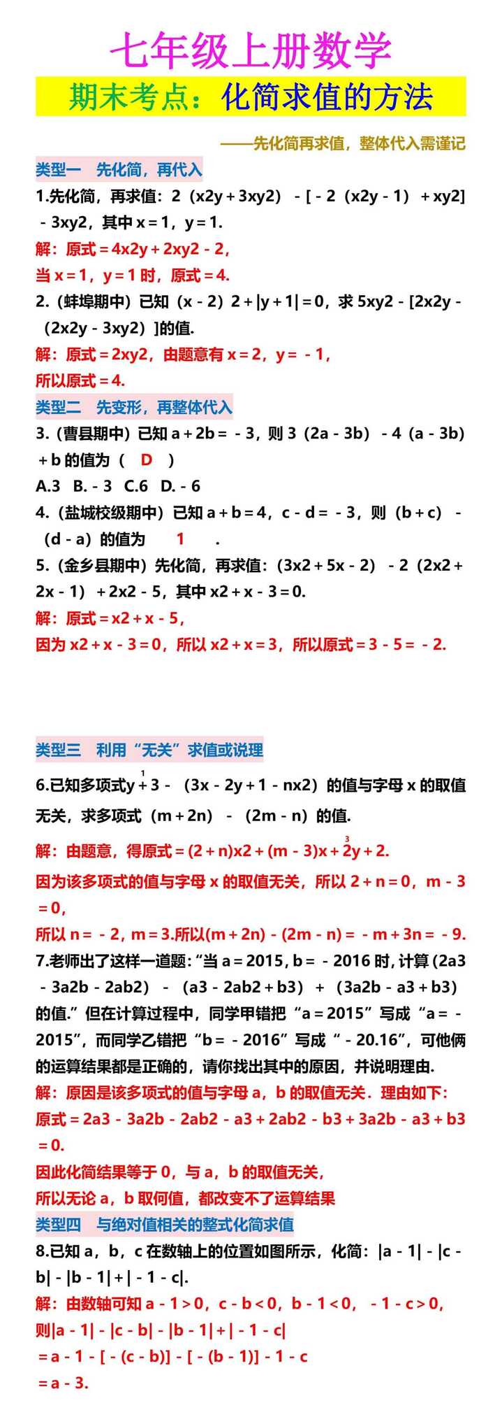 七年级上册数学 期末考点：化简求值的方法