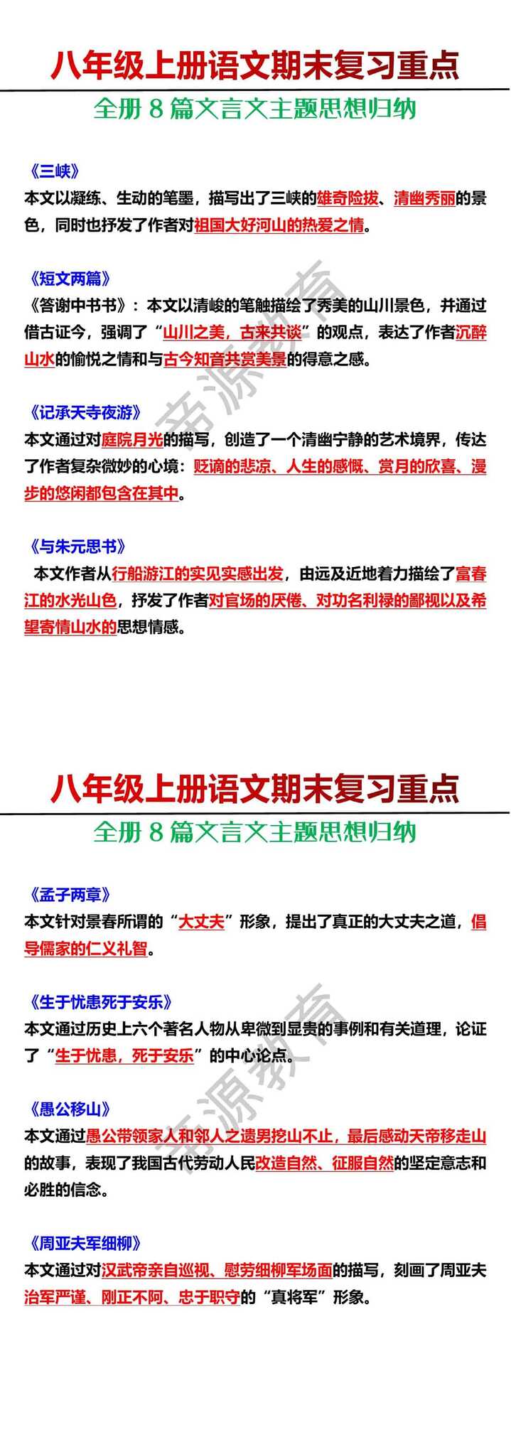 八年级上册语文期末必考8篇文言文主题思想归纳