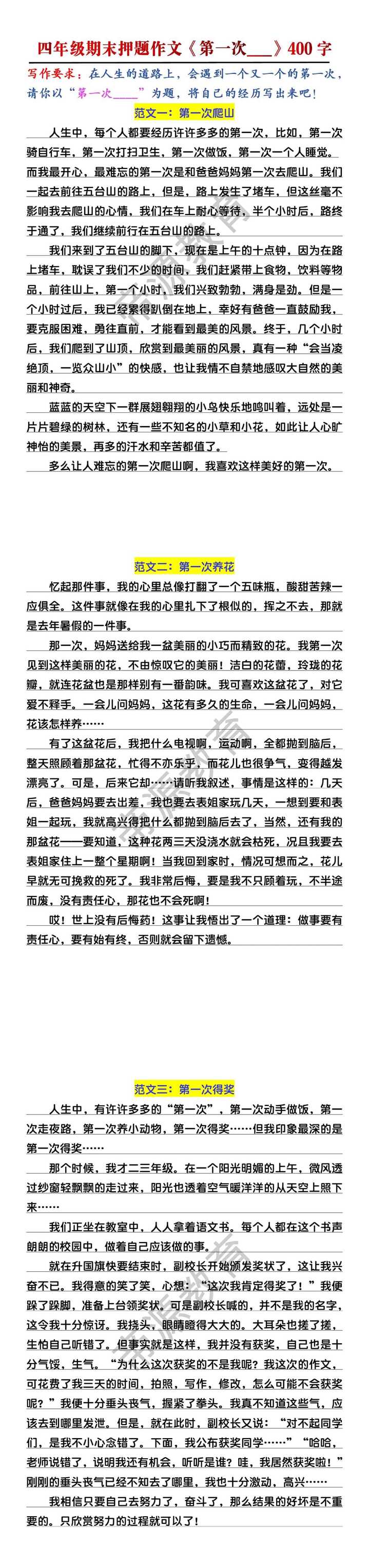 四年级期末押题作文《第一次___》400字范文3篇
