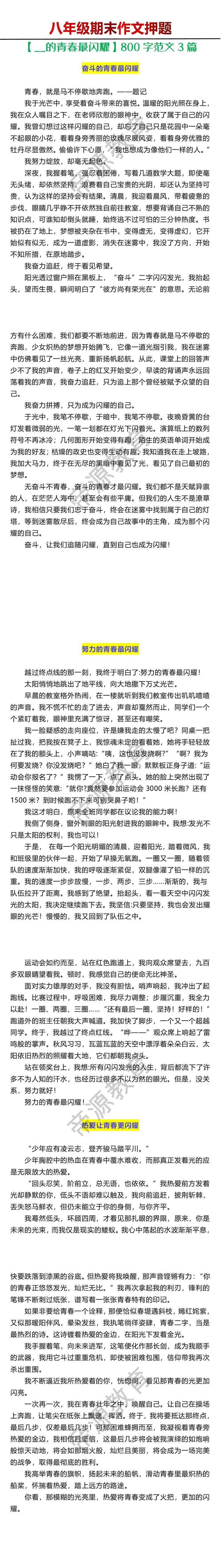 八年级期末作文押题【__的青春最闪耀】800字范文3篇