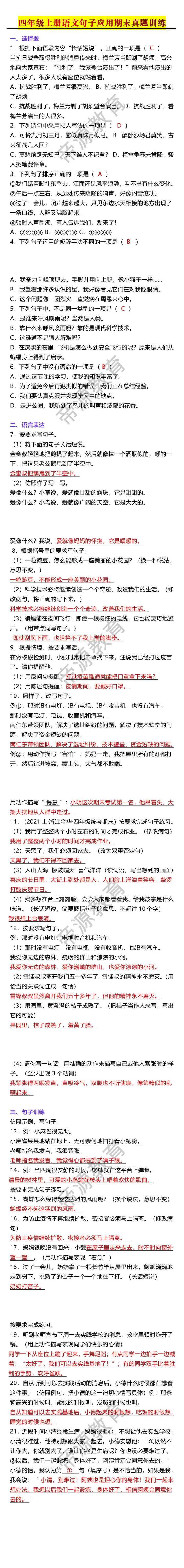 四年级上册语文句子应用期末真题训练