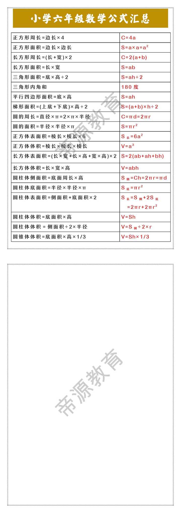 小学六年级数学公式汇总