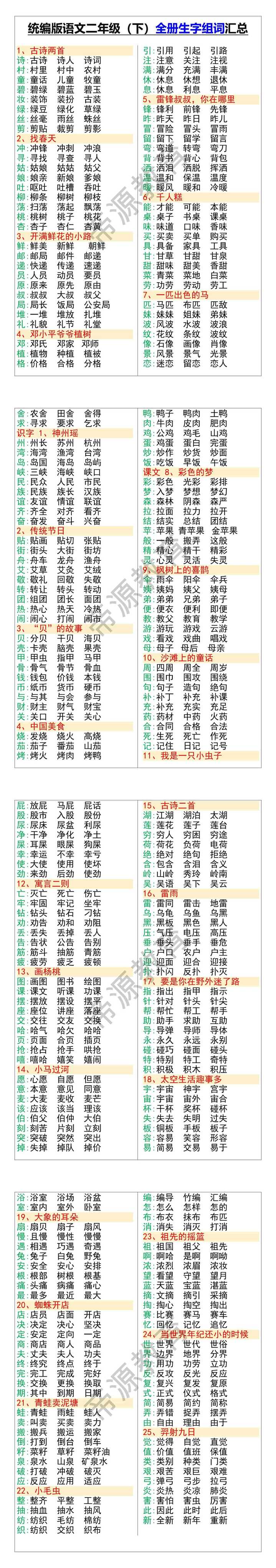 统编版语文二年级（下）全册生字组词汇总