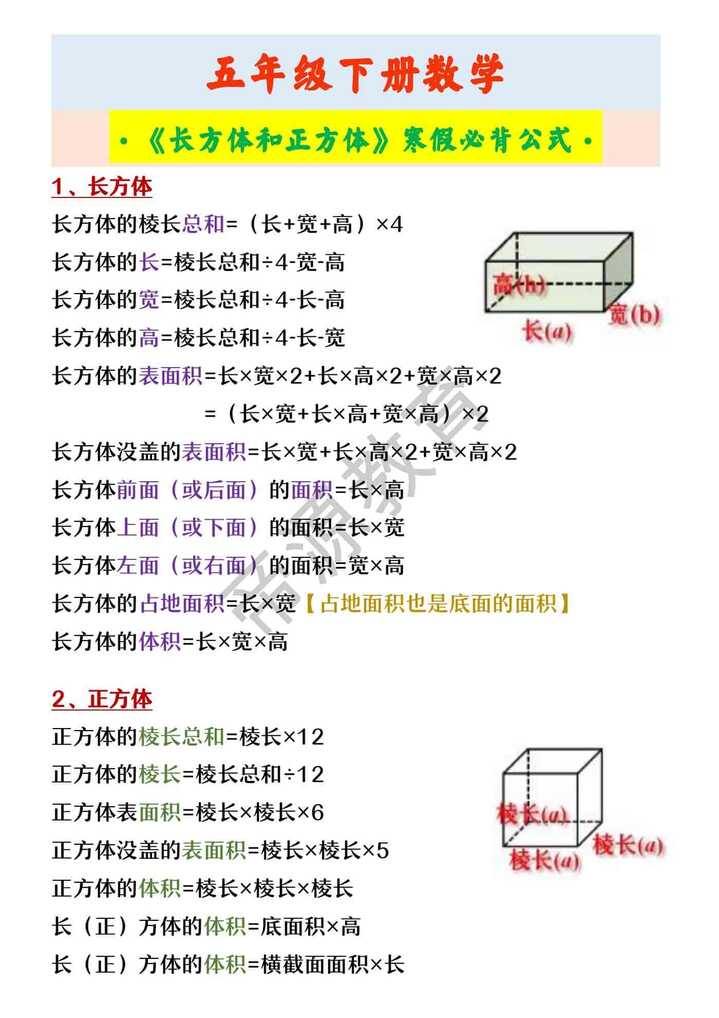 五年级下册数学 ·《长方体和正方体》寒假必背公式·