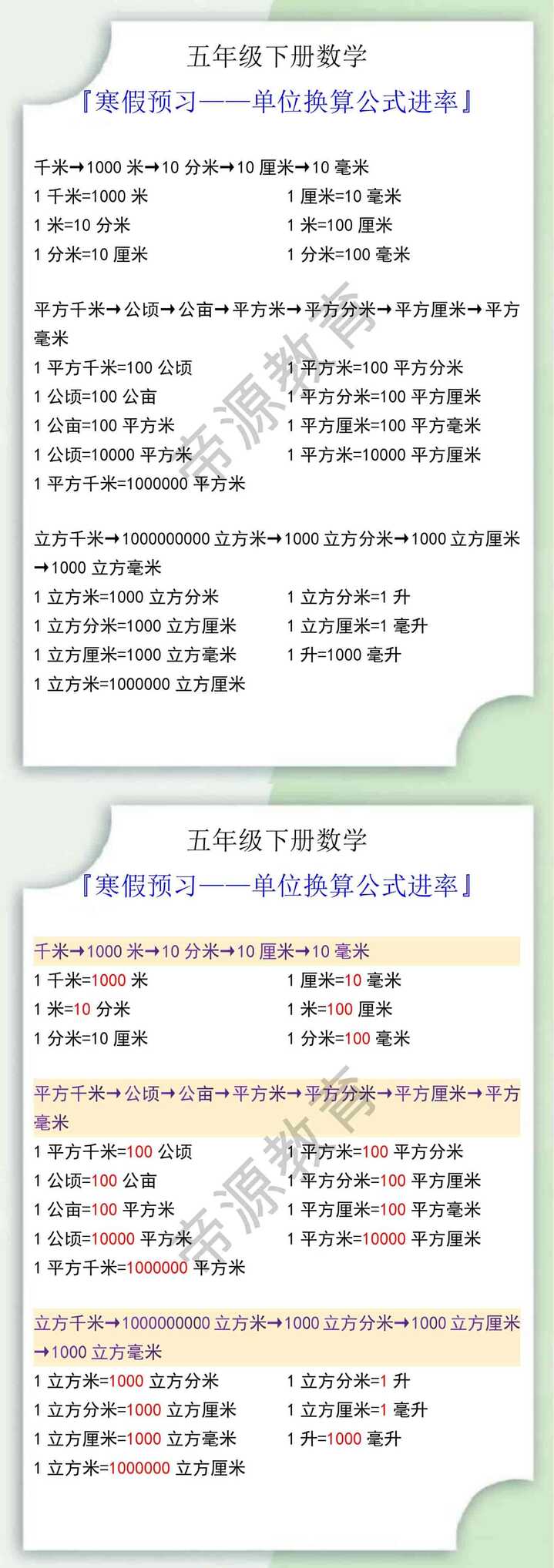 五年级数学下册单位换算公式进率