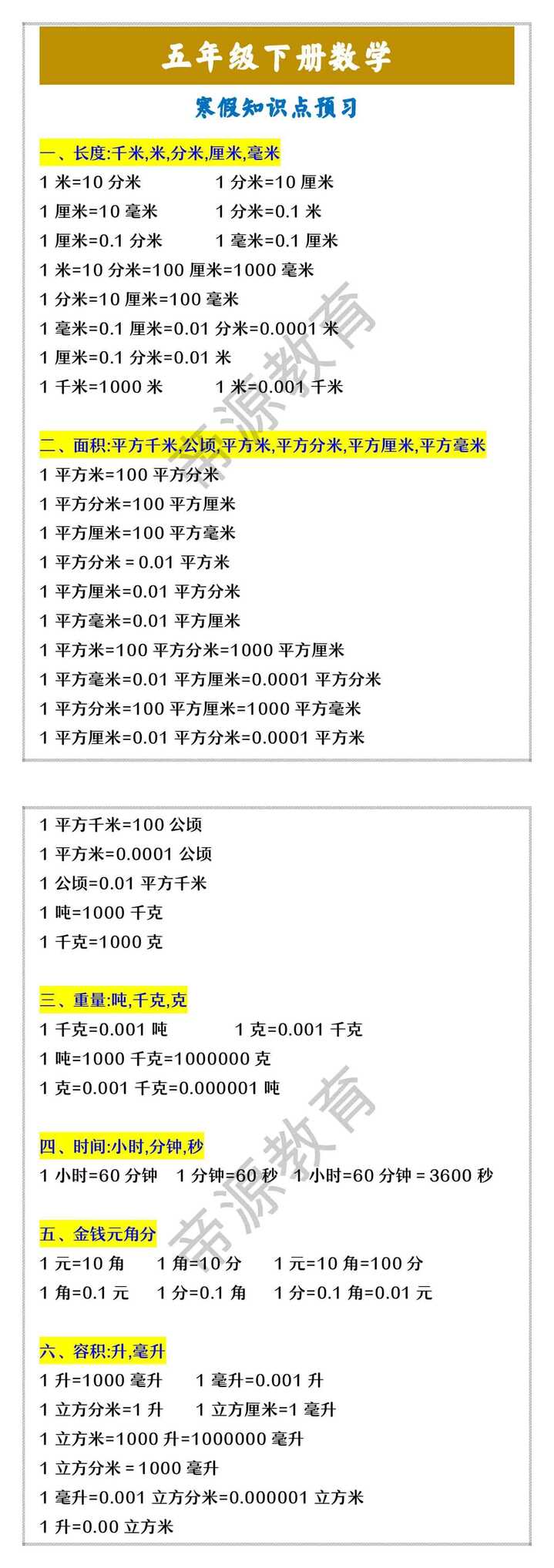 五年级下册数学 寒假知识点预习