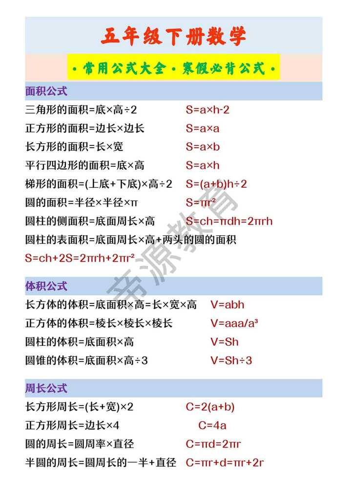 五年级下册数学 ·常用公式大全·寒假必背公式·
