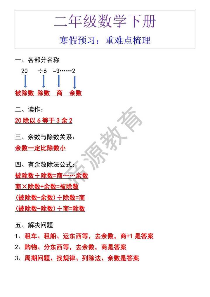 二年级数学下册寒假预习：重难点梳理