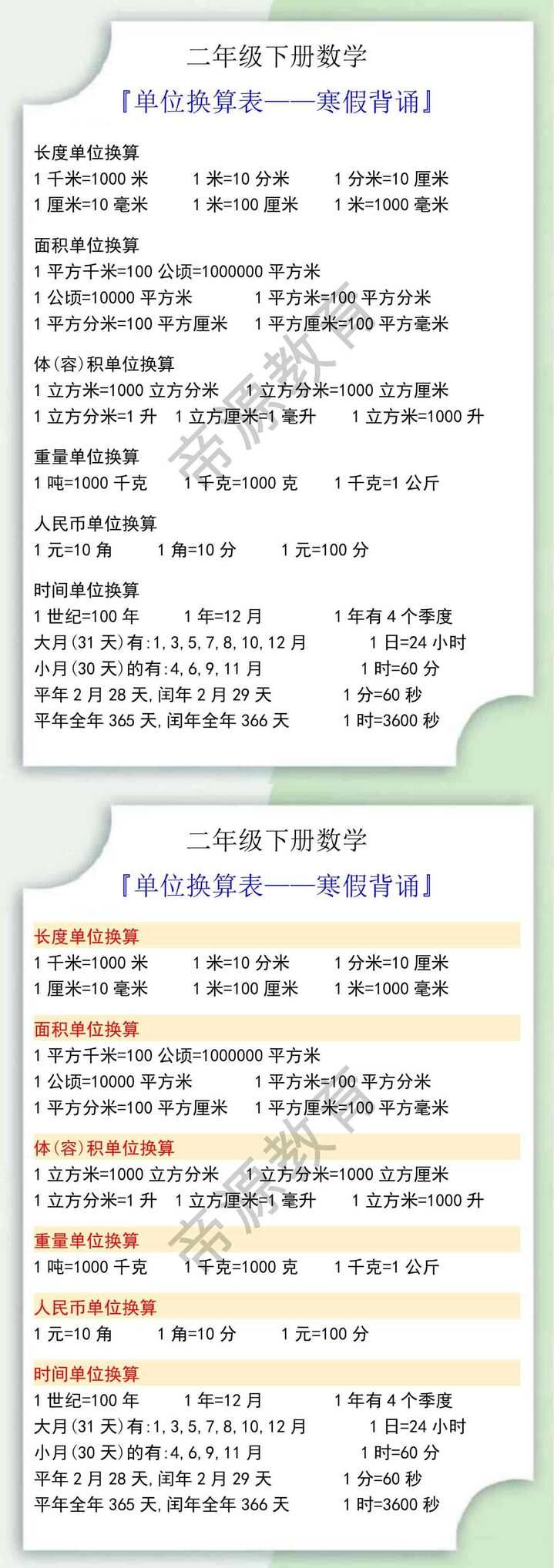 二年级数学下册单位换算表大全