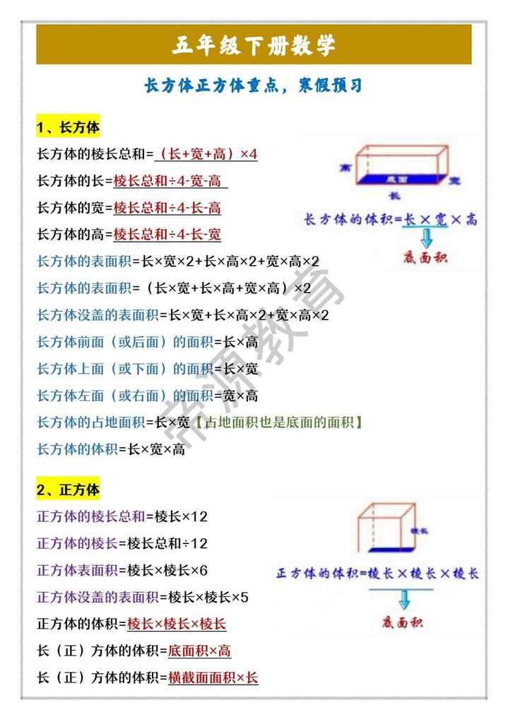 五年级下册数学 长方体正方体重点，寒假预习