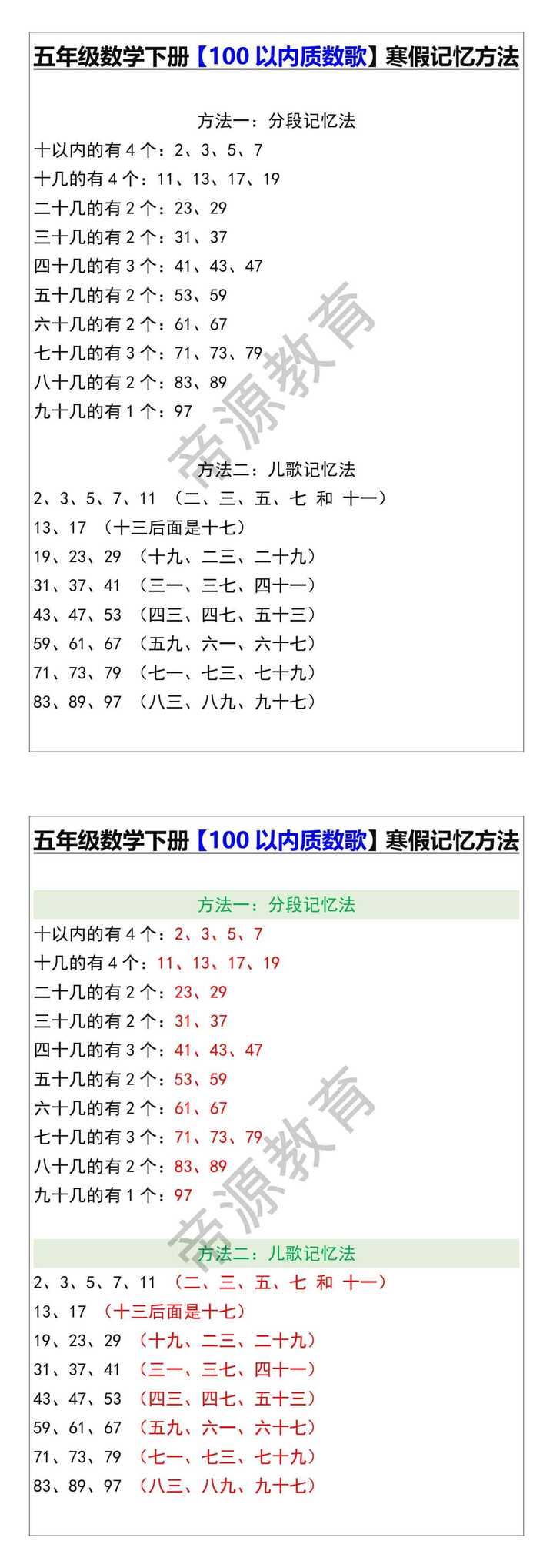 五年级数学下册【100以内质数歌】寒假记忆方法 五年级数学下册【100以内质数歌】寒假记忆方法