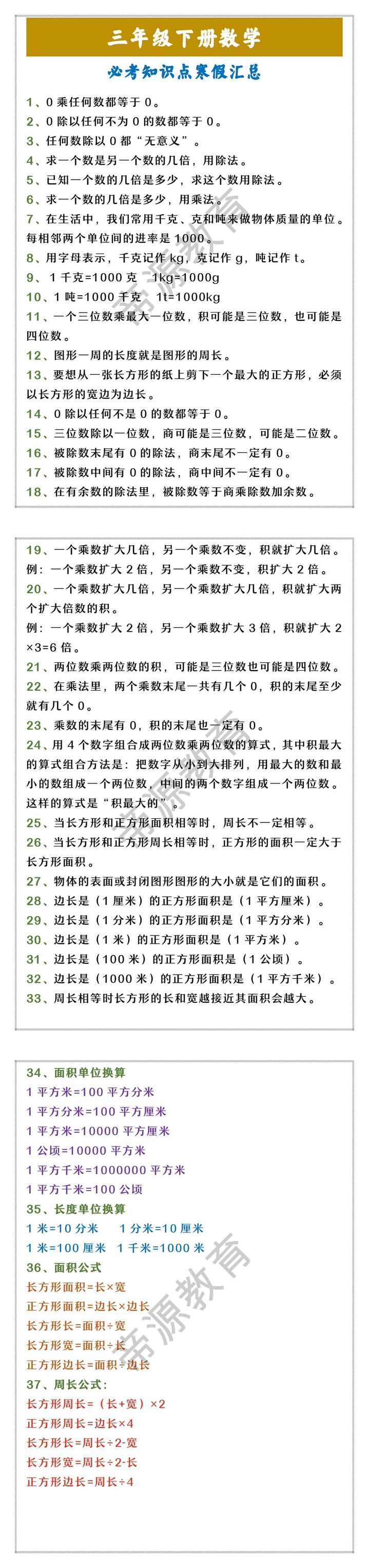 三年级下册数学 必考知识点寒假汇总