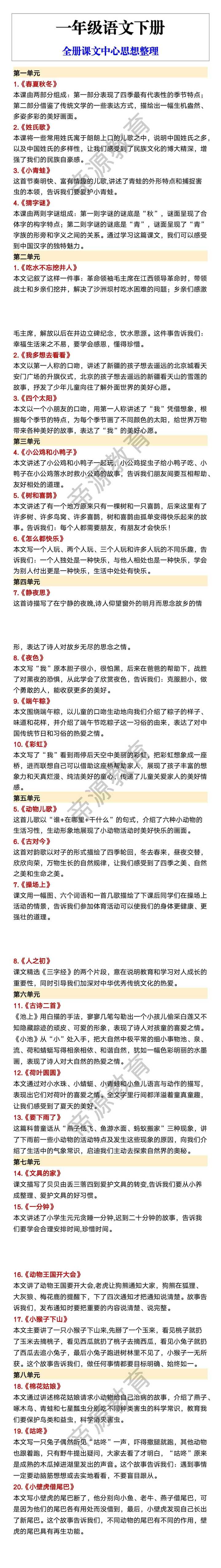 一年级语文下册 全册课文中心思想整理