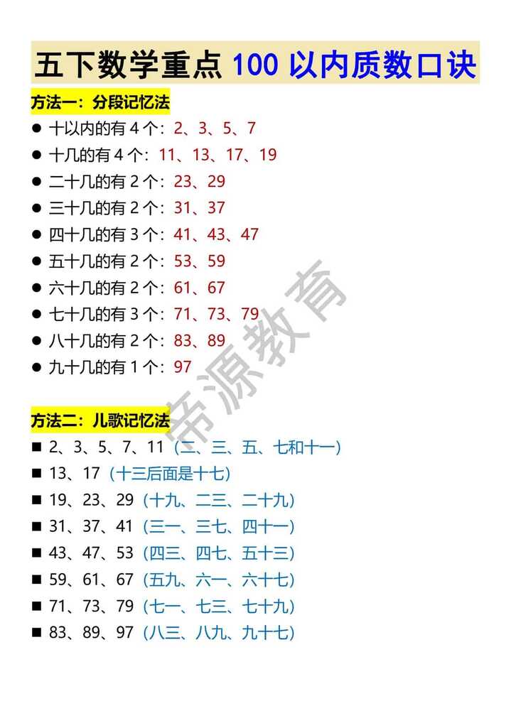五下数学重点100以内质数口诀