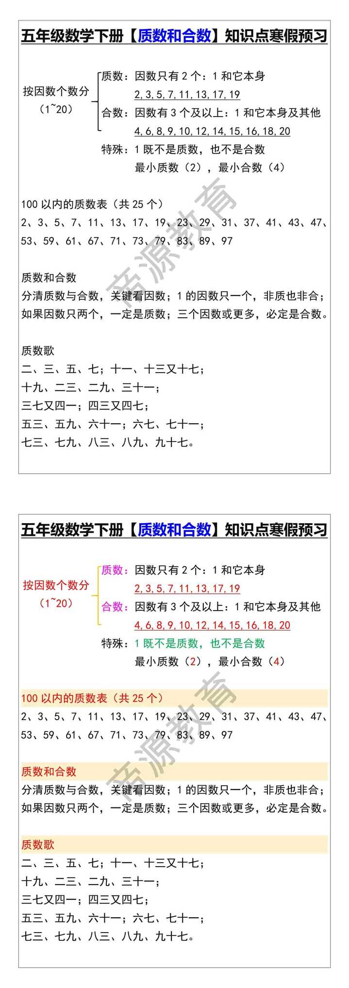五年级数学下册【质数和合数】知识点寒假预习