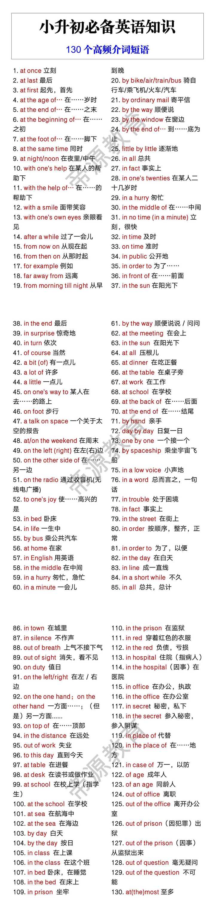 小升初必备英语知识 130个高频介词短语