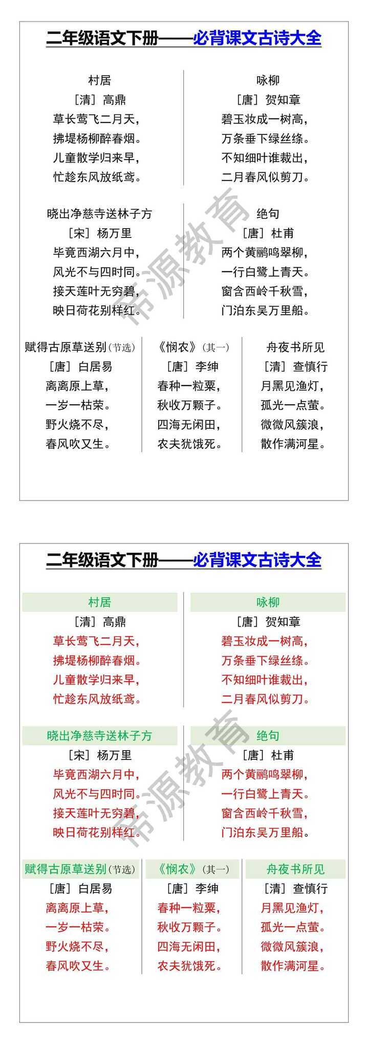 二年级语文下册——必背课文古诗大全