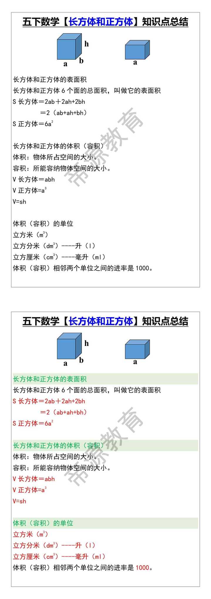 五下数学【长方体和正方体】知识点总结