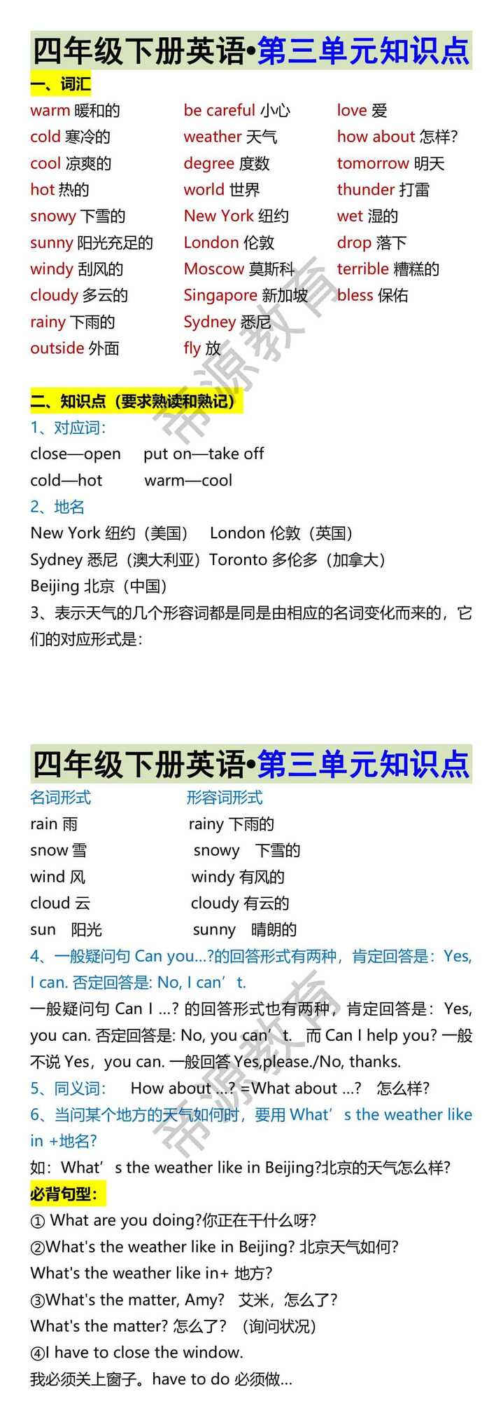 四年级下册英语•第三单元知识点