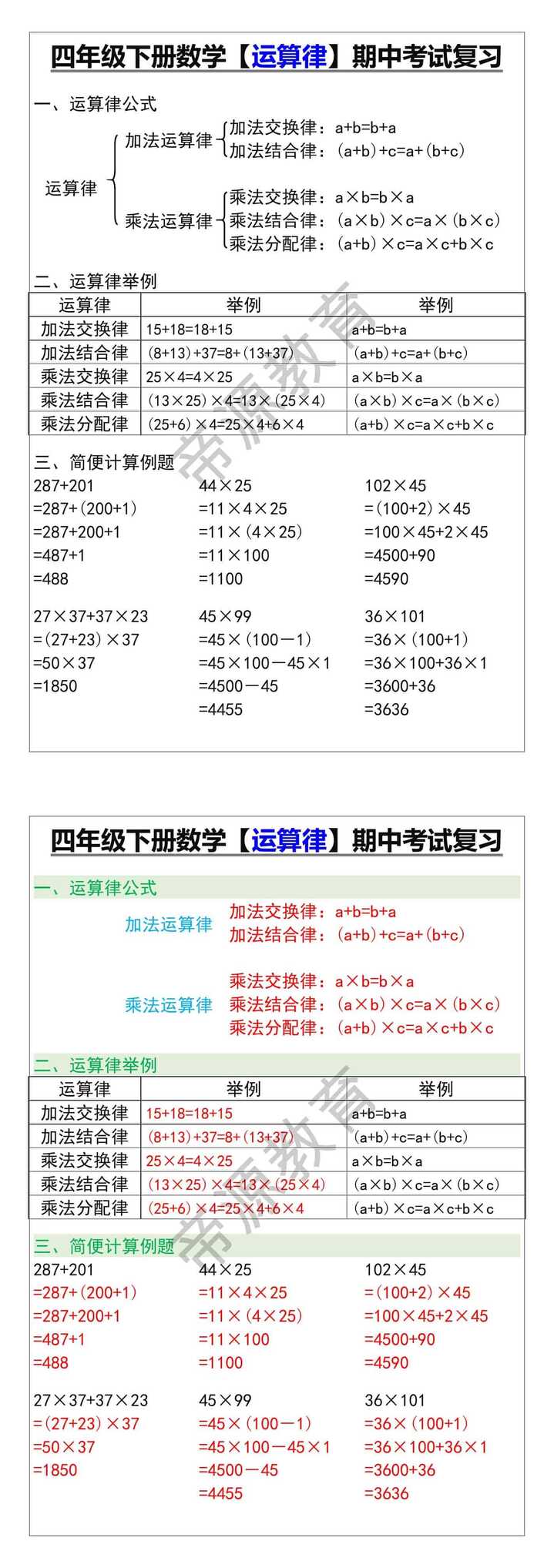 四年级下册数学【运算律】期中考试复习