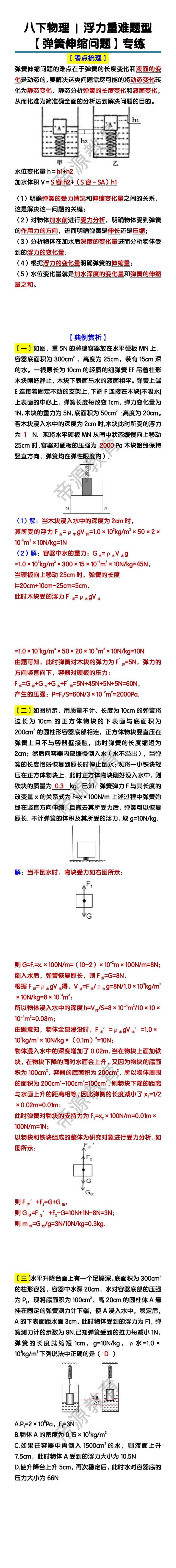八下物理浮力【弹簧伸缩问题】重难题型专练