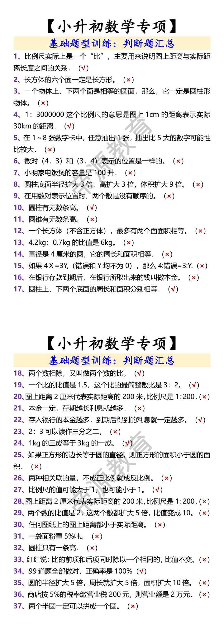 【小升初数学专项】 基础题型训练：判断题汇总