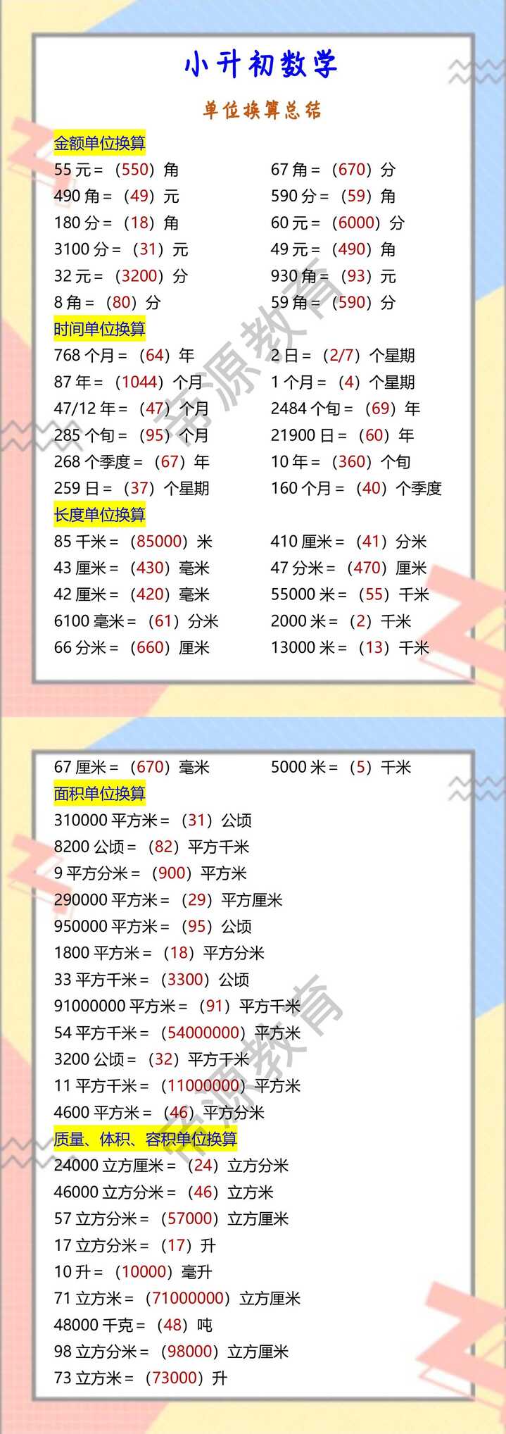 小升初数学 单位换算总结