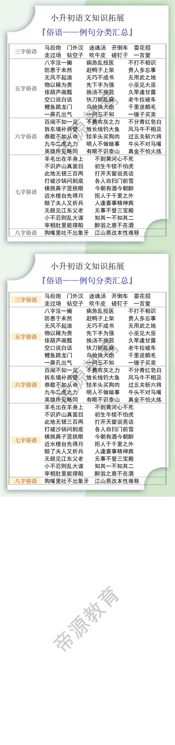 小升初语文课外知识拓展之俗语例句分类汇总