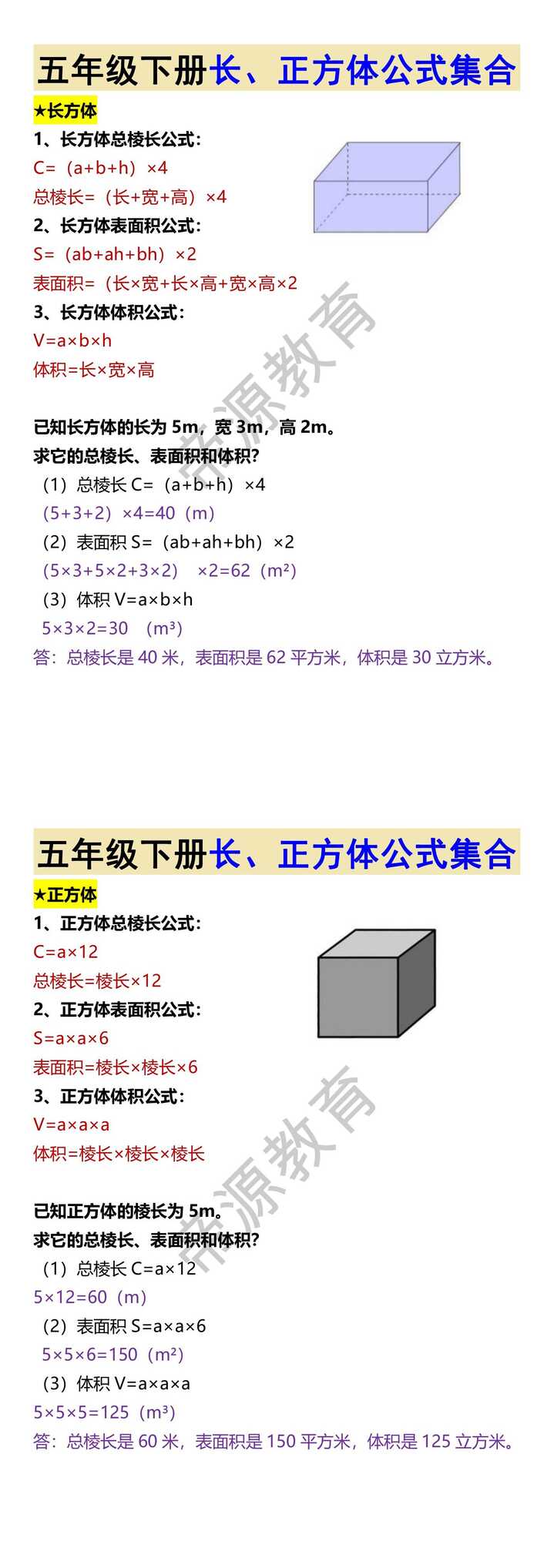 五年级下册长、正方体公式集合