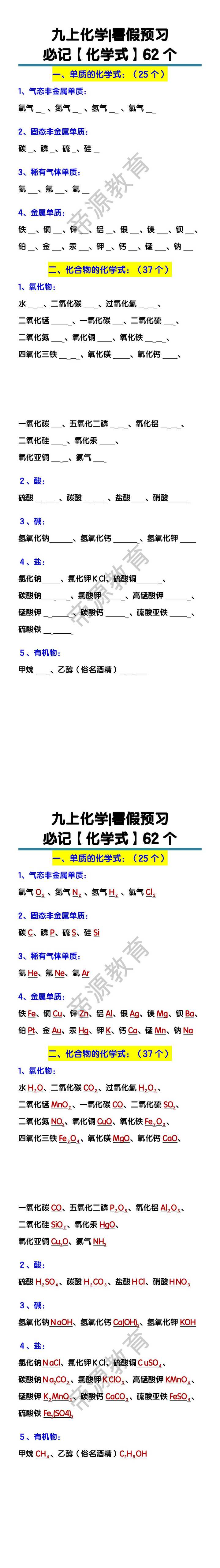 九上化学暑假预习必记【化学式】62个