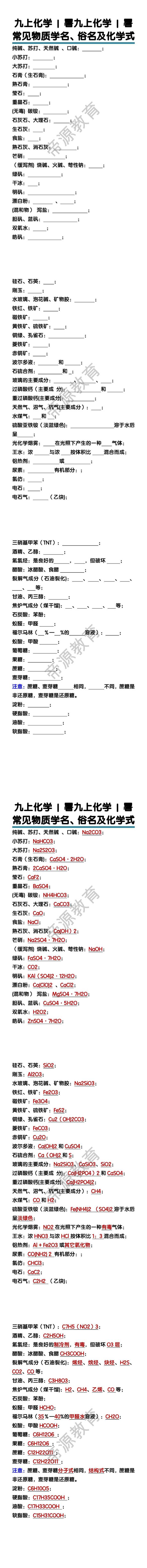 九上化学暑常见物质学名、俗名及化学式