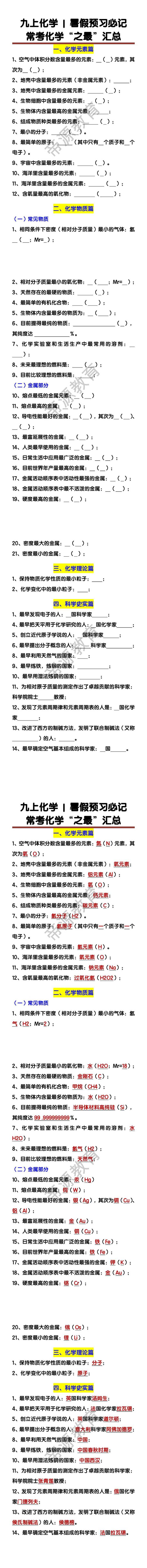 九上化学暑假预习必记：常考化学“之最”汇总