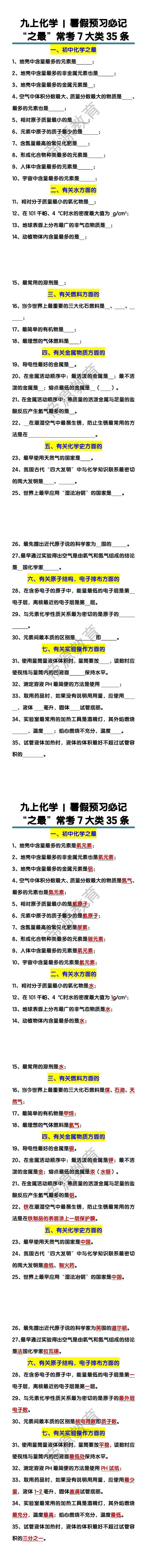九上化学暑假预习必记“之最”常考7大类35条