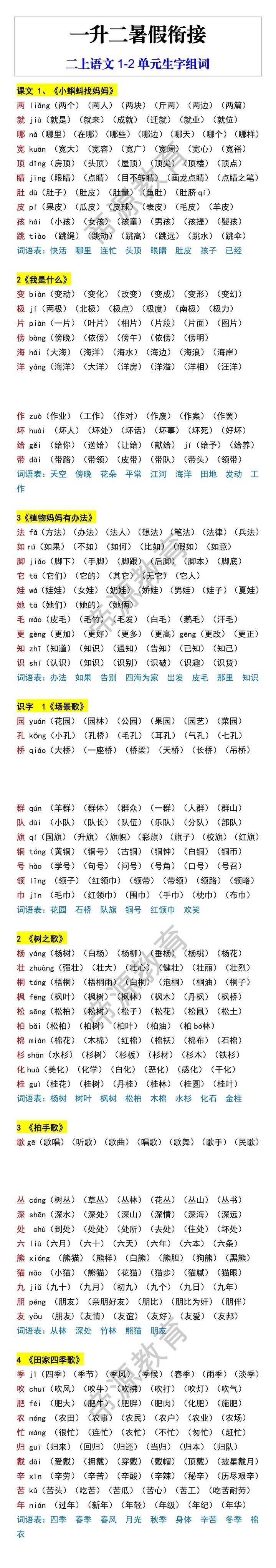 二上语文1-2单元生字组词