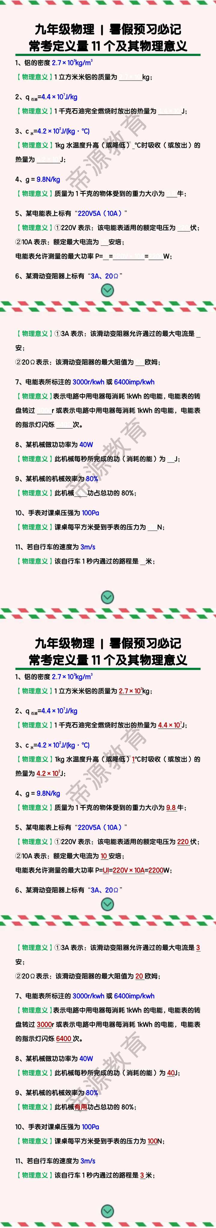 九年级物理：常考定义量11个及其物理意义